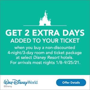 A Walt Disney World offer to get 2 extra days added to your ticket on room and ticket packages for Walt Disney World Resort hotels.