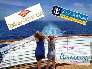 The logos for Disney Cruise Line, Royal Caribbean International and Norwegian Cruise Line Holdings Ltd. appear as 2 girls look out from the back of a cruise ship.
