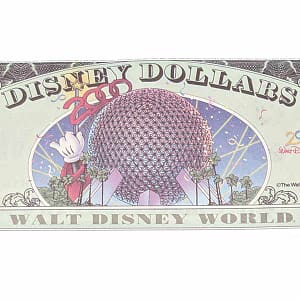 A Disney Dollar bill featuring the Epcot year 2000 celebration