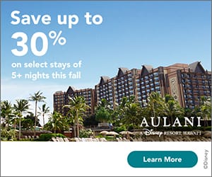 Save up to 30% on select stays of 5+ nights this fall at Disney's Aulani Resort in Hawaii
