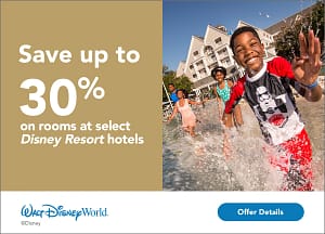 A Walt Disney World offer to save up to 30% on select Disney Resort Hotels with the picture of a young boy splashing through a pool