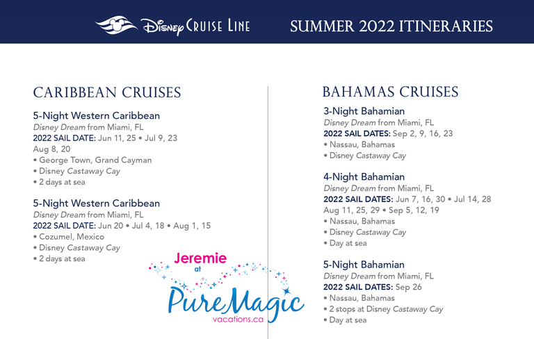 A list of all the Disney Cruise Line itineraries from Miami for summer 2022
