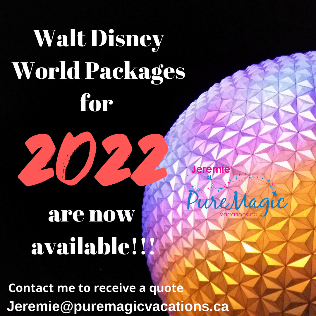 Spaceship Earth at night announcing 2022 Walt Disney World vacation packages.