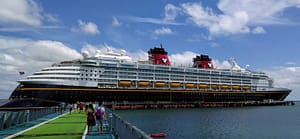 The Disney Magic docked at Fort-de-France, Martinique on a beautiful sunny day.