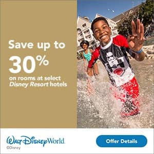 A Walt Disney World offer to save up to 30% on select Disney Resort Hotels with the picture of a young boy splashing through a pool