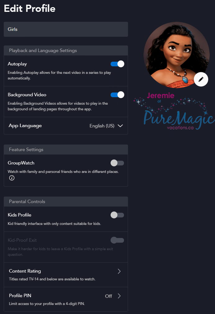With the Kids Profile disabled, the background is now darker on your Disney+ profile.