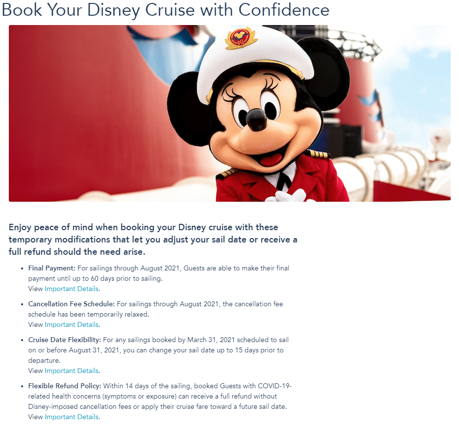 Captain Minnie Mouse on the deck of a Disney Cruise Line ship with the details of the Book with Confidence policy